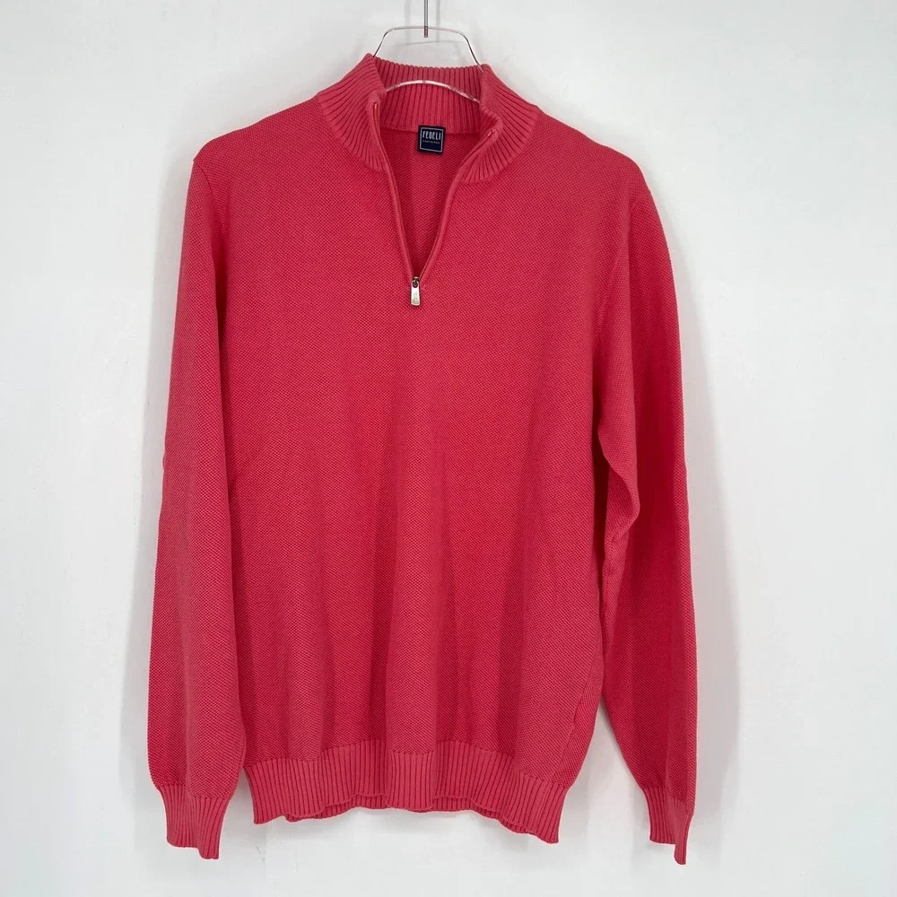 Fedeli‎ Sweater Mens 52 US L Pink Knit Mock Knit Quarter Zip Cotton Preppy